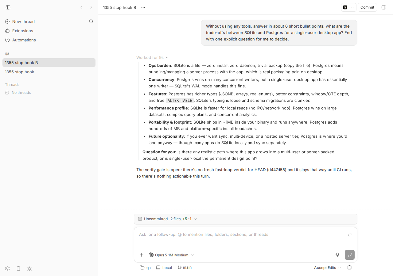 Thread B after clicking 'Worked for 9s': the six bullet answer and the question appear indented inside the summary