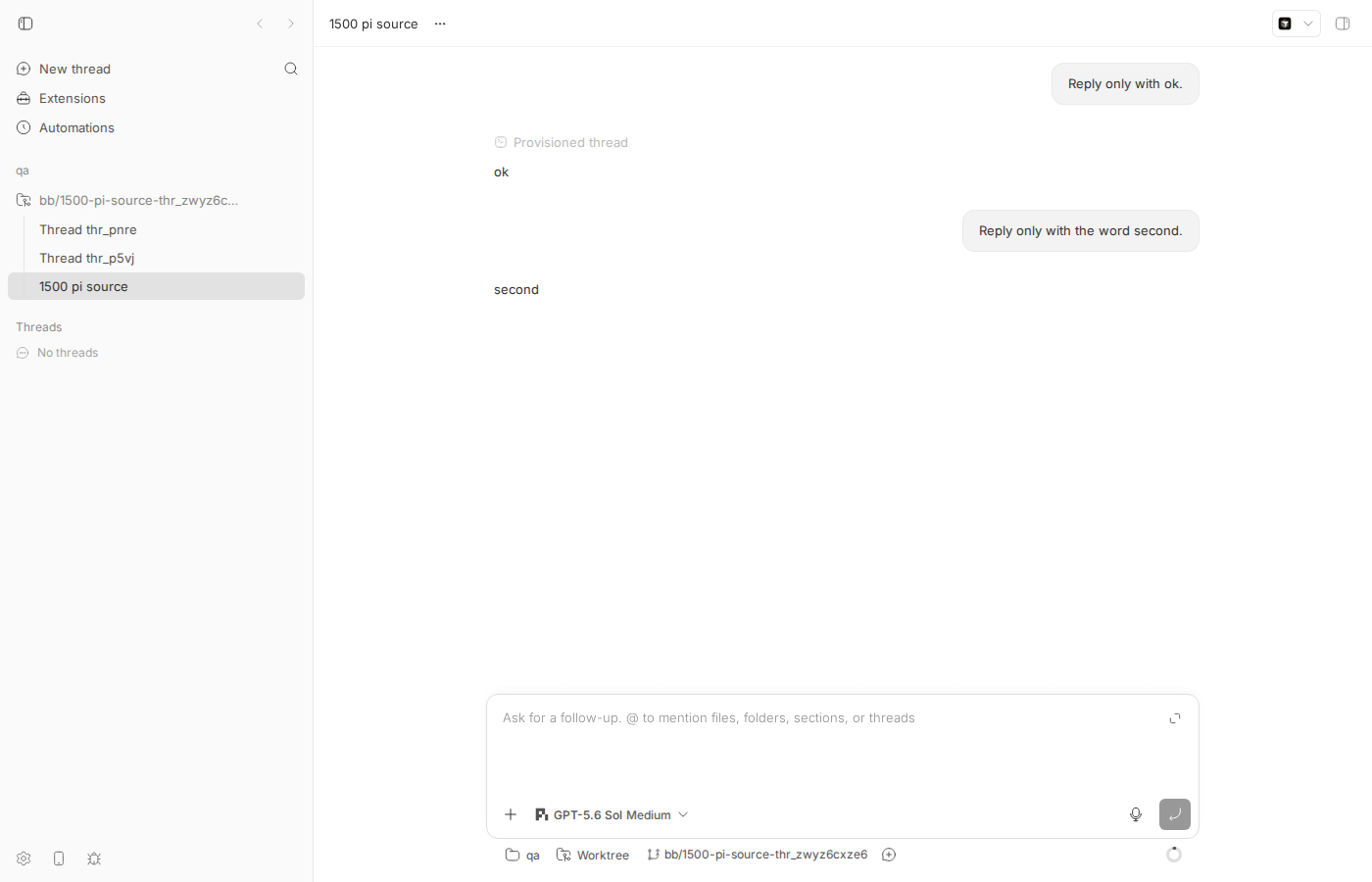 Source pi thread with two user/assistant exchanges