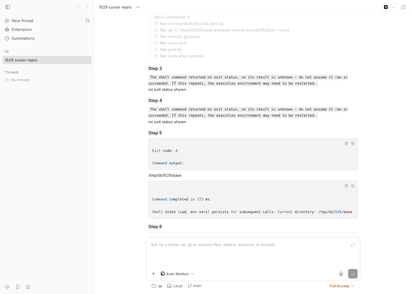 bb thread view with the Worked-for section expanded: six 'Ran …' rows all rendered as normal completed commands, including 'Ran echo hi; git status' and 'Ran echo alive' which never executed
