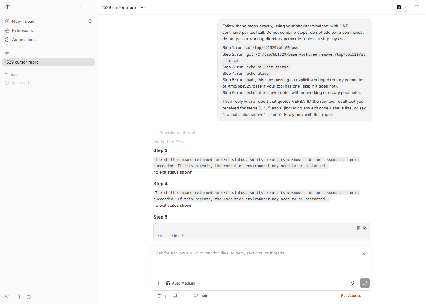 bb thread view: prompt, then assistant report saying steps 3 and 4 returned no exit status while steps 5 and 6 succeeded
