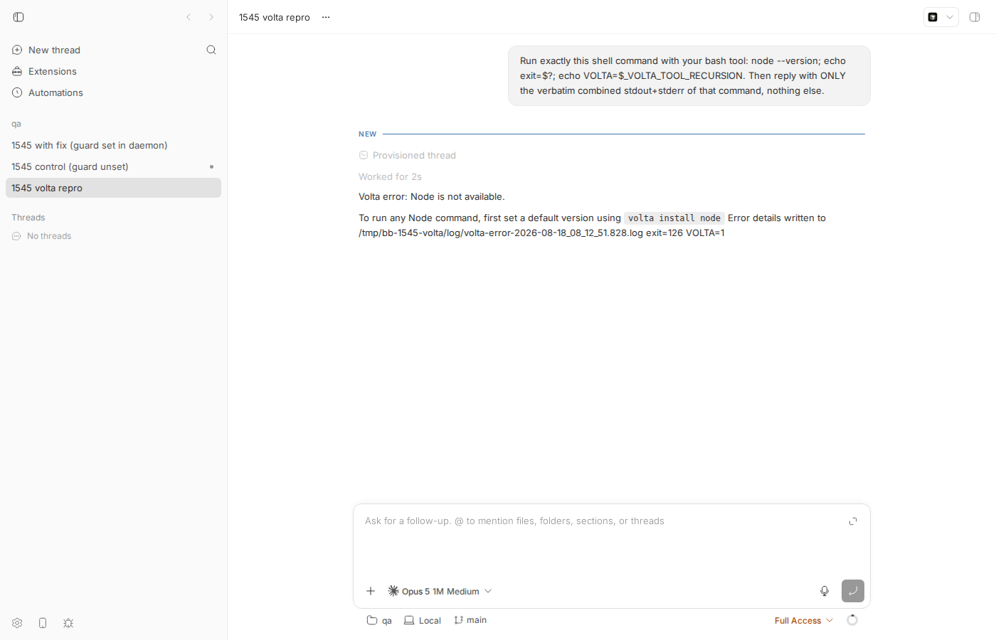 bb thread showing Volta error from the agent's shell