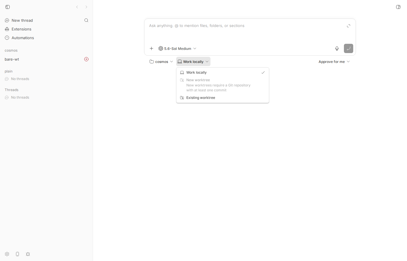 environment picker with New worktree disabled