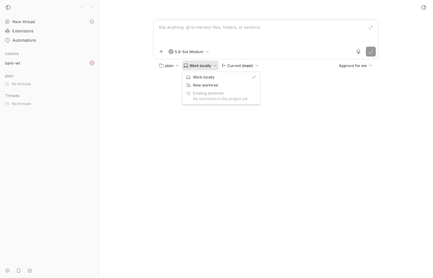 control picker with New worktree enabled