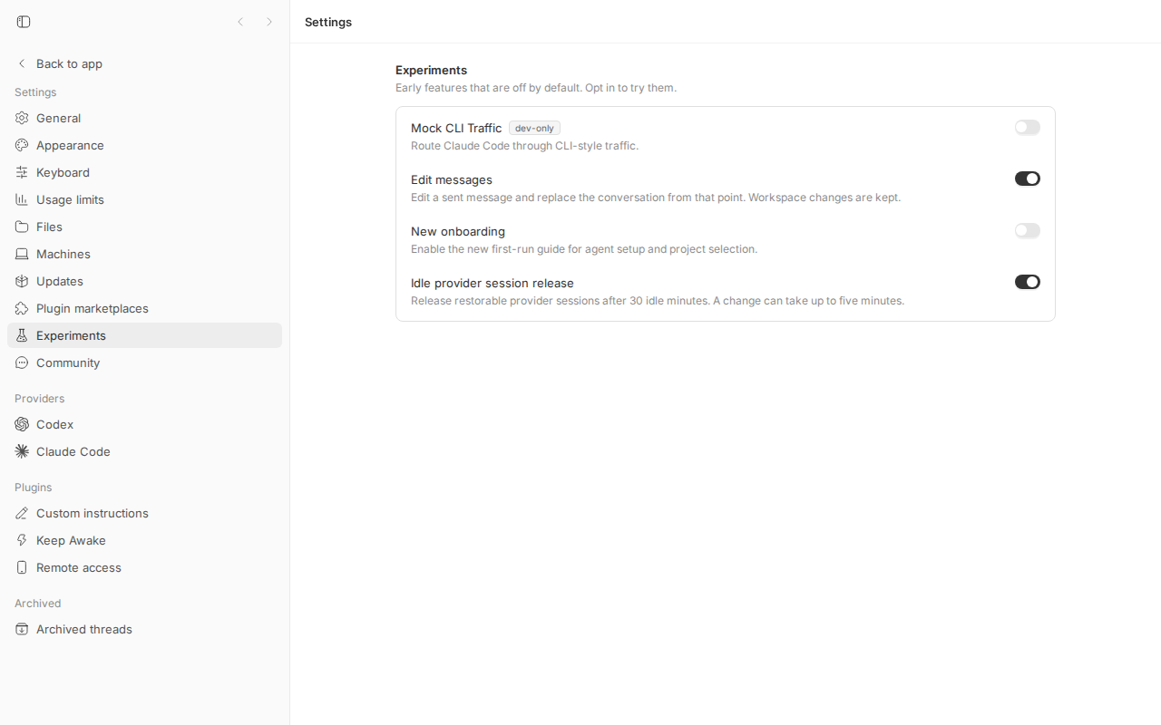 Settings → Experiments after enabling Idle provider session release