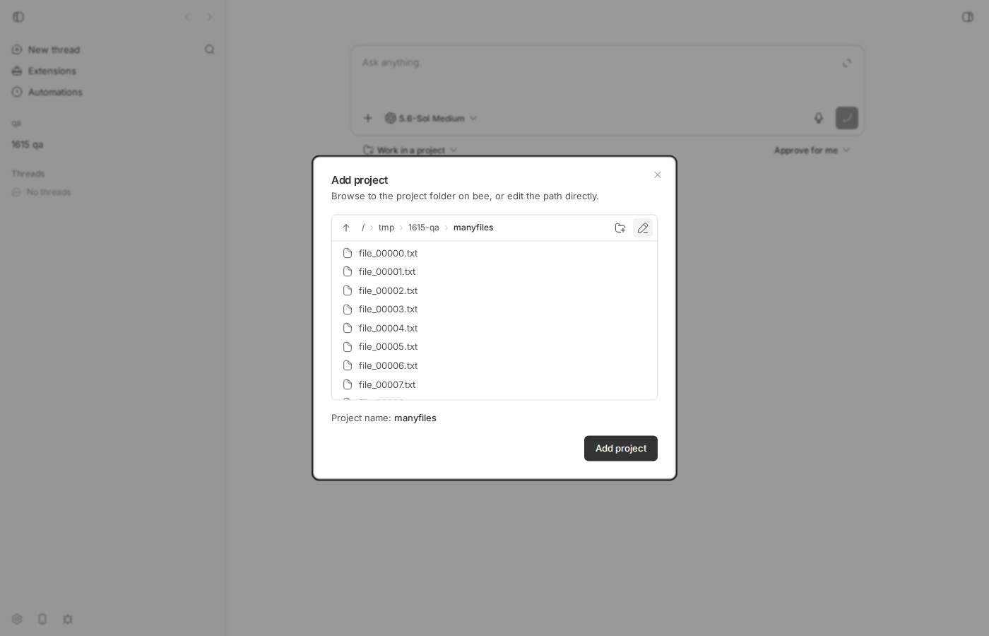 Add project dialog listing manyfiles