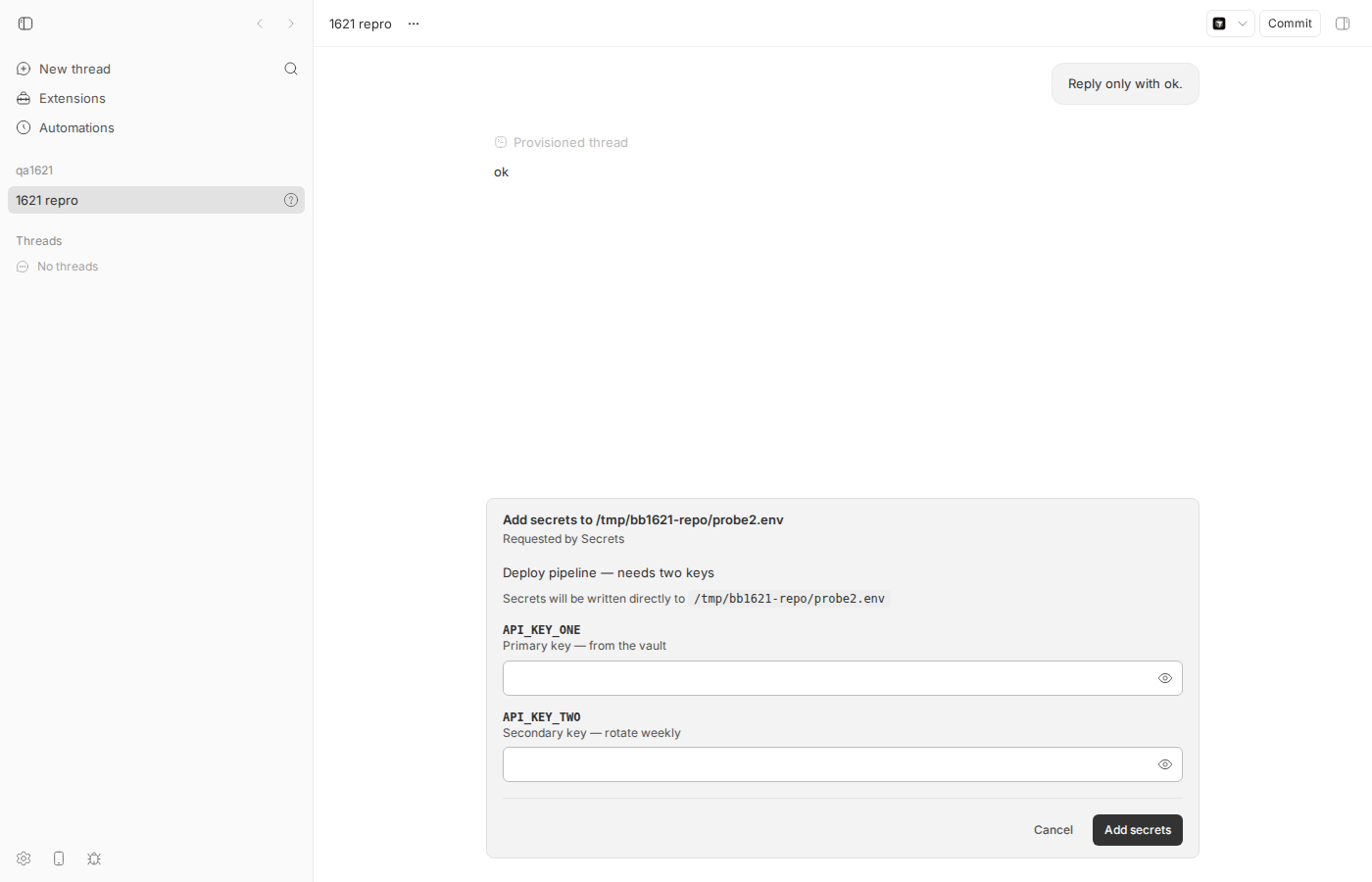 bb thread view showing the Secrets plugin form with em dashes in the purpose and both field descriptions