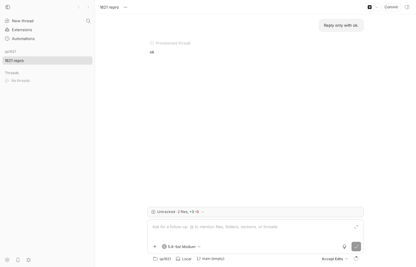 bb thread view after submitting the form: the form is gone and the git status bar shows 2 untracked files