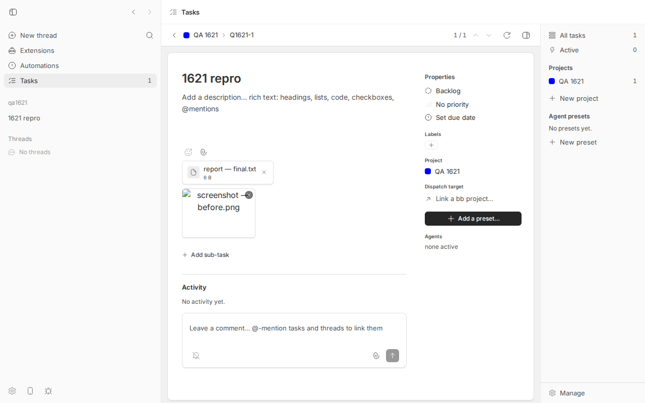 tasks detail view: the file attachment 'report — final.txt' is listed, the image attachment 'screenshot — before.png' shows as a broken image with only its alt text