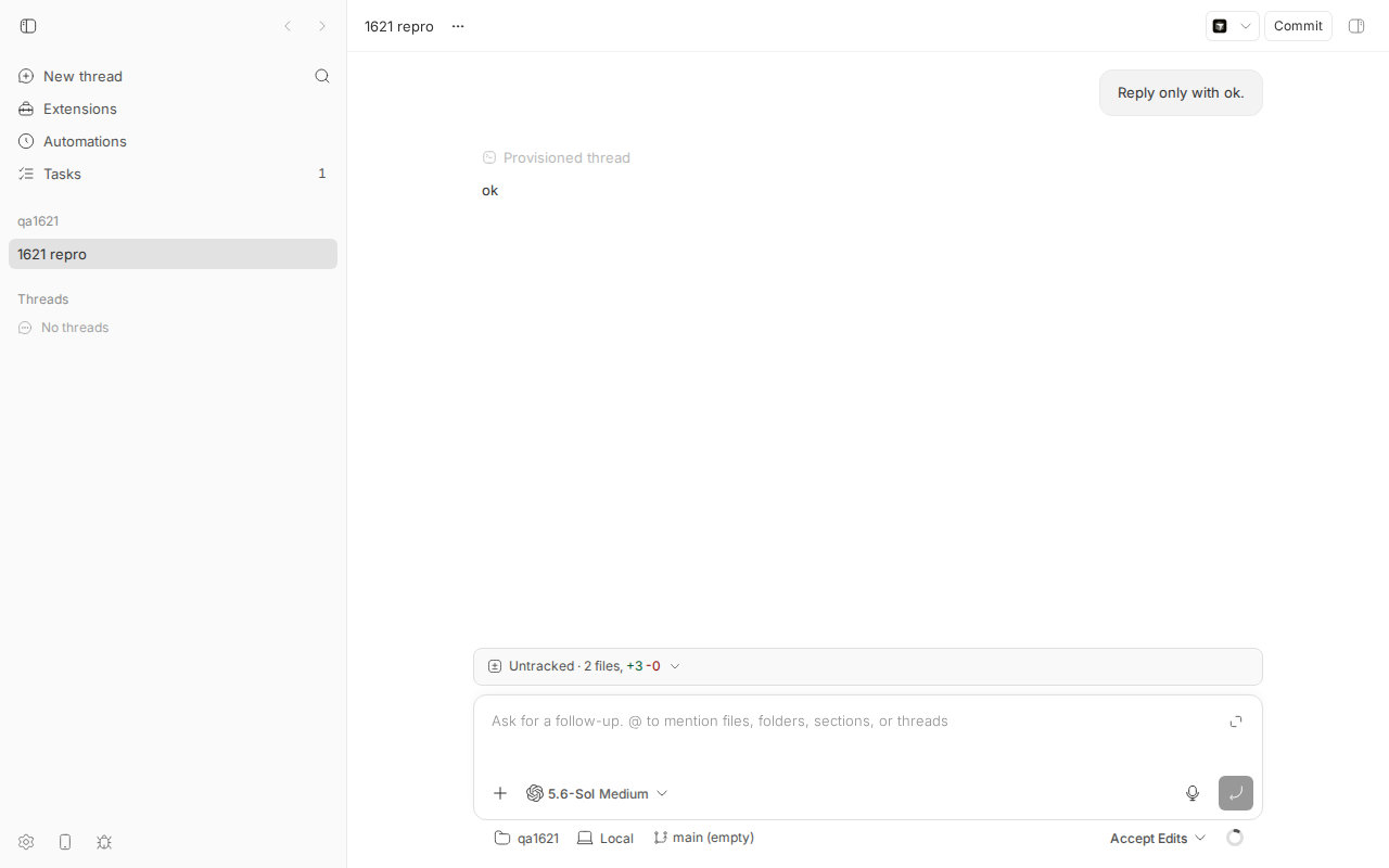 bb thread view after the 300 s client timeout: the thread shows only the original ok turn; no secret-request form is visible