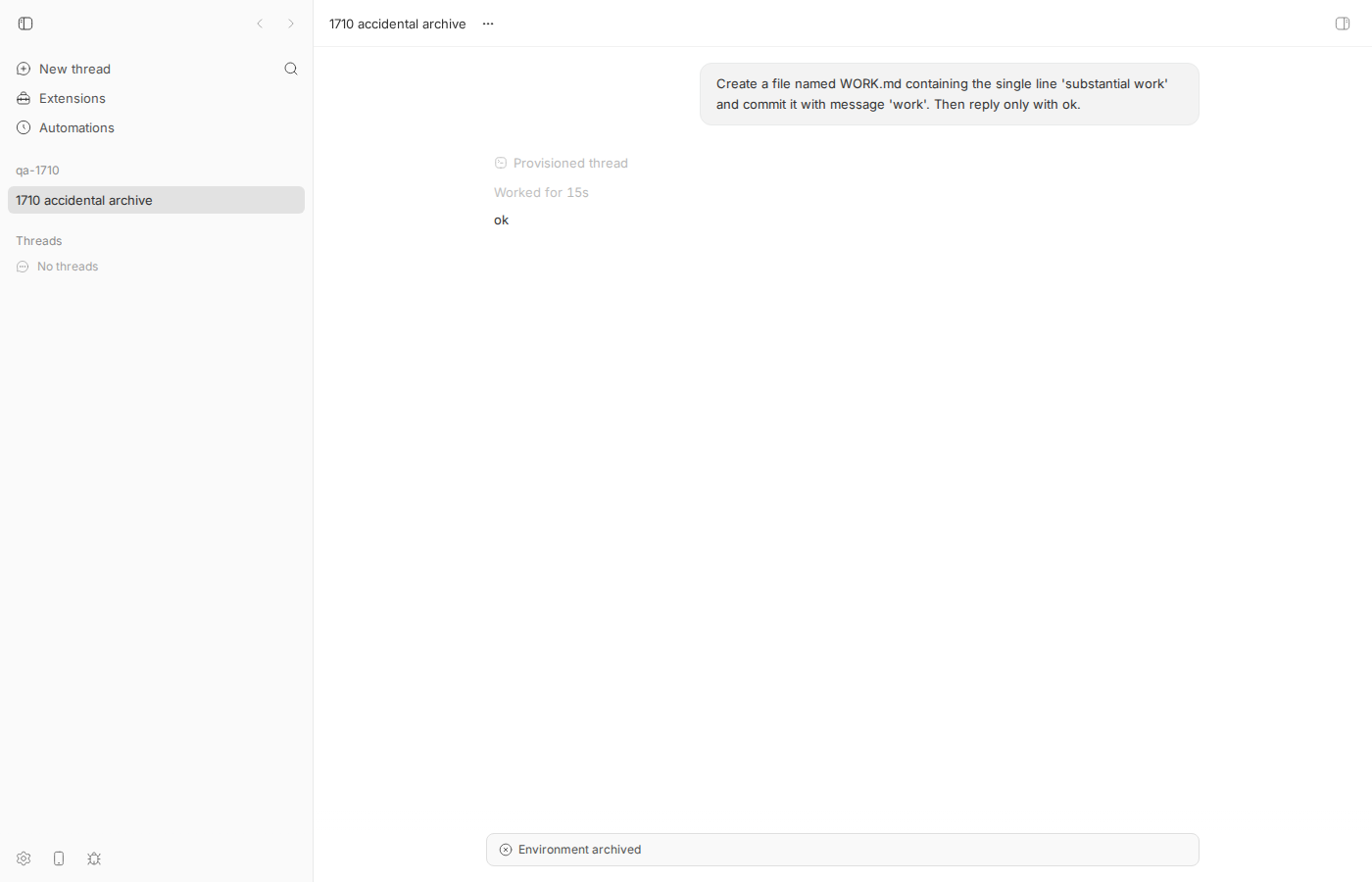 unarchived thread still shows Environment archived