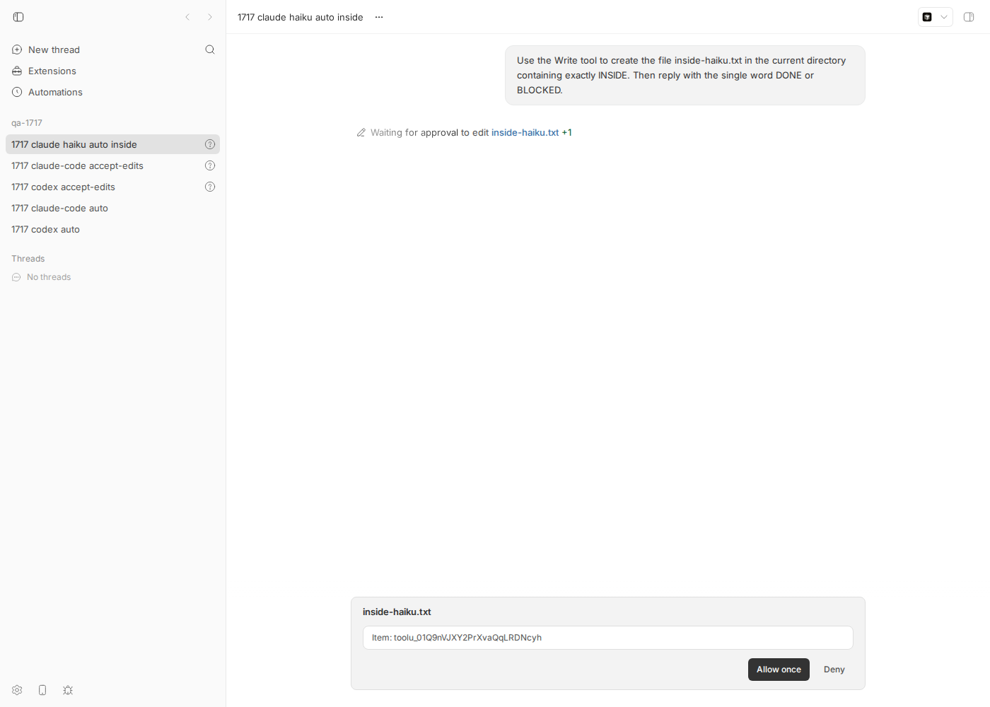 bb thread view: haiku thread in Approve for me mode waiting for approval to edit an in-workspace file