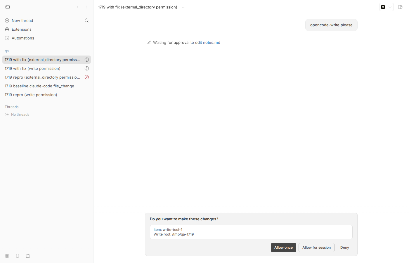 approval card with fix, external_directory permission