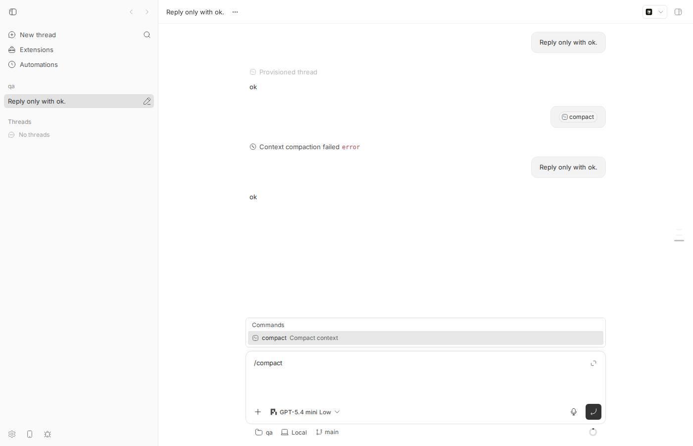 Typing /compact shows the built-in compact command