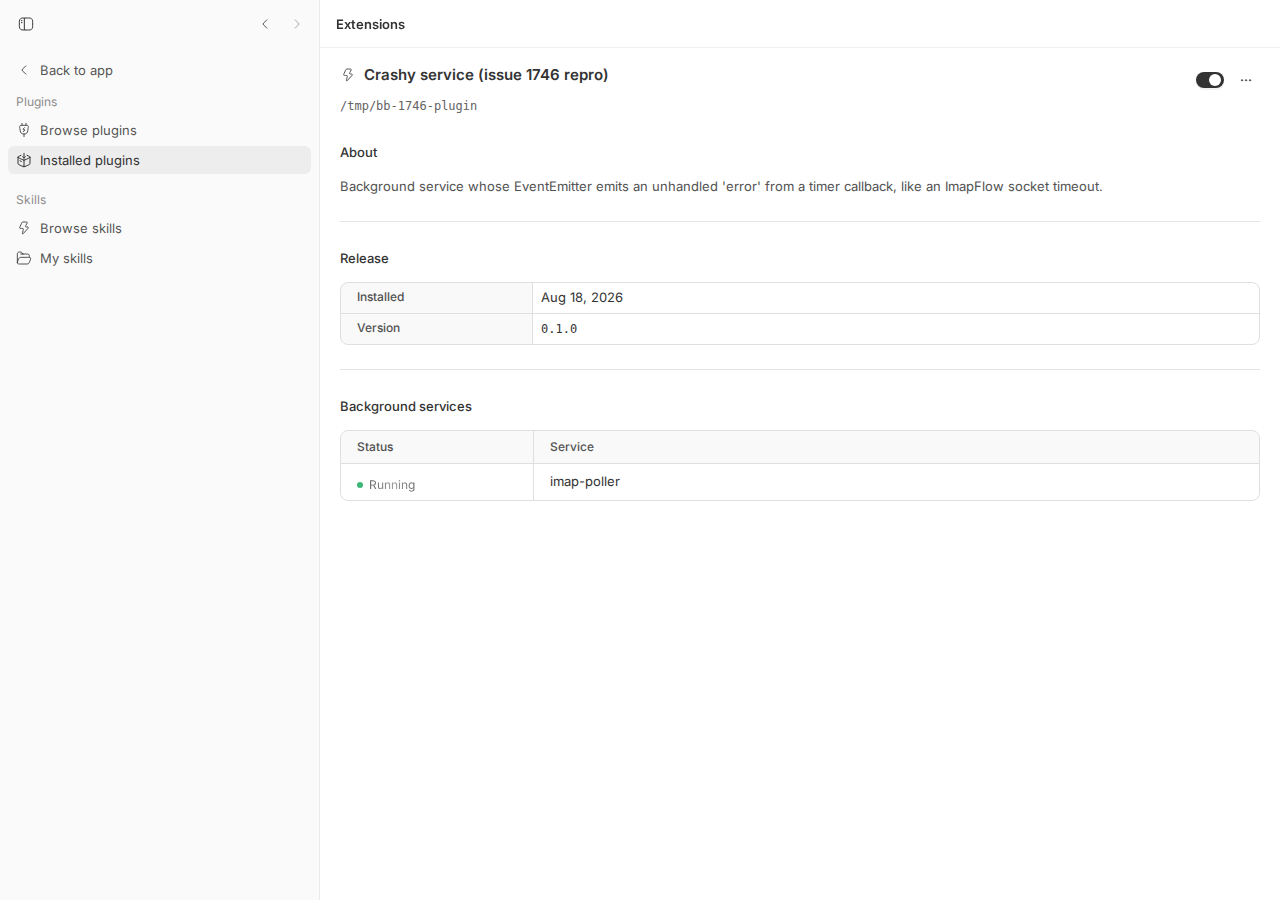 Plugin detail showing background service imap-poller Running