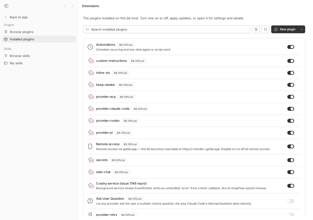 Installed plugins list with Crashy service enabled