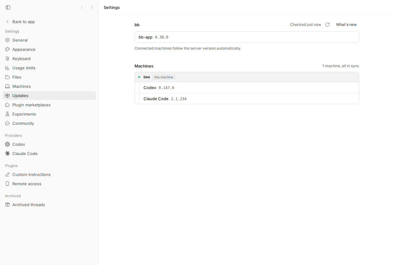 Settings → Updates on bb-app 0.38.0 after stopping the old bb and re-running npx