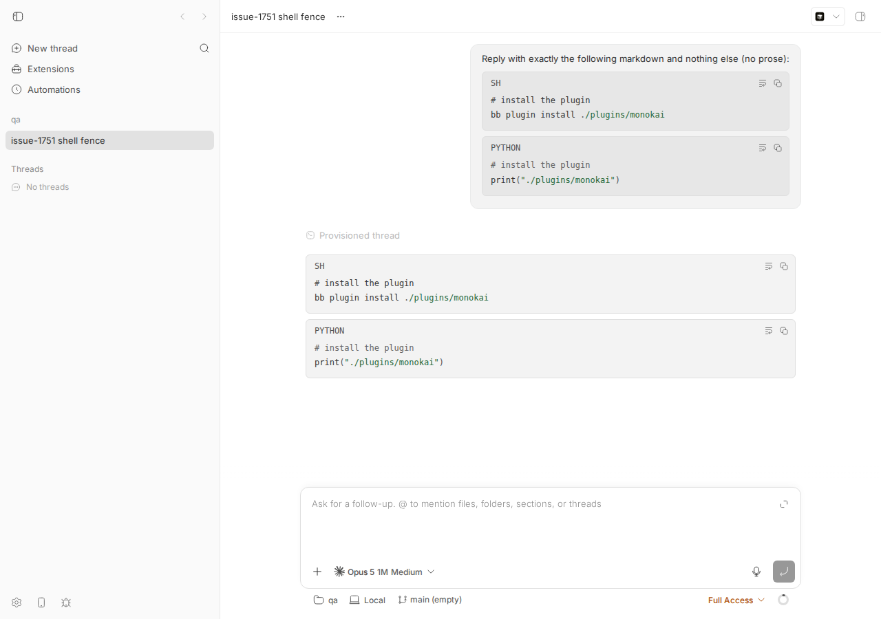 Thread view with sh and python fences