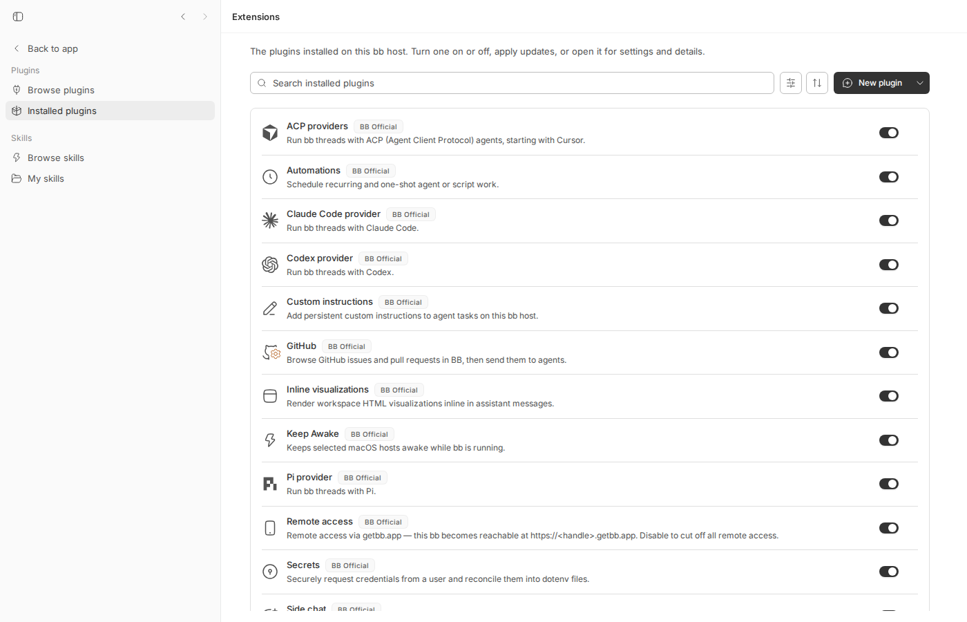 Installed plugins list while latched