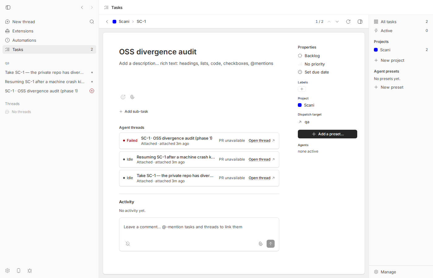 Task SC-1 detail page: Agent threads section lists Failed thread first, then two Idle threads; each card only offers Open thread