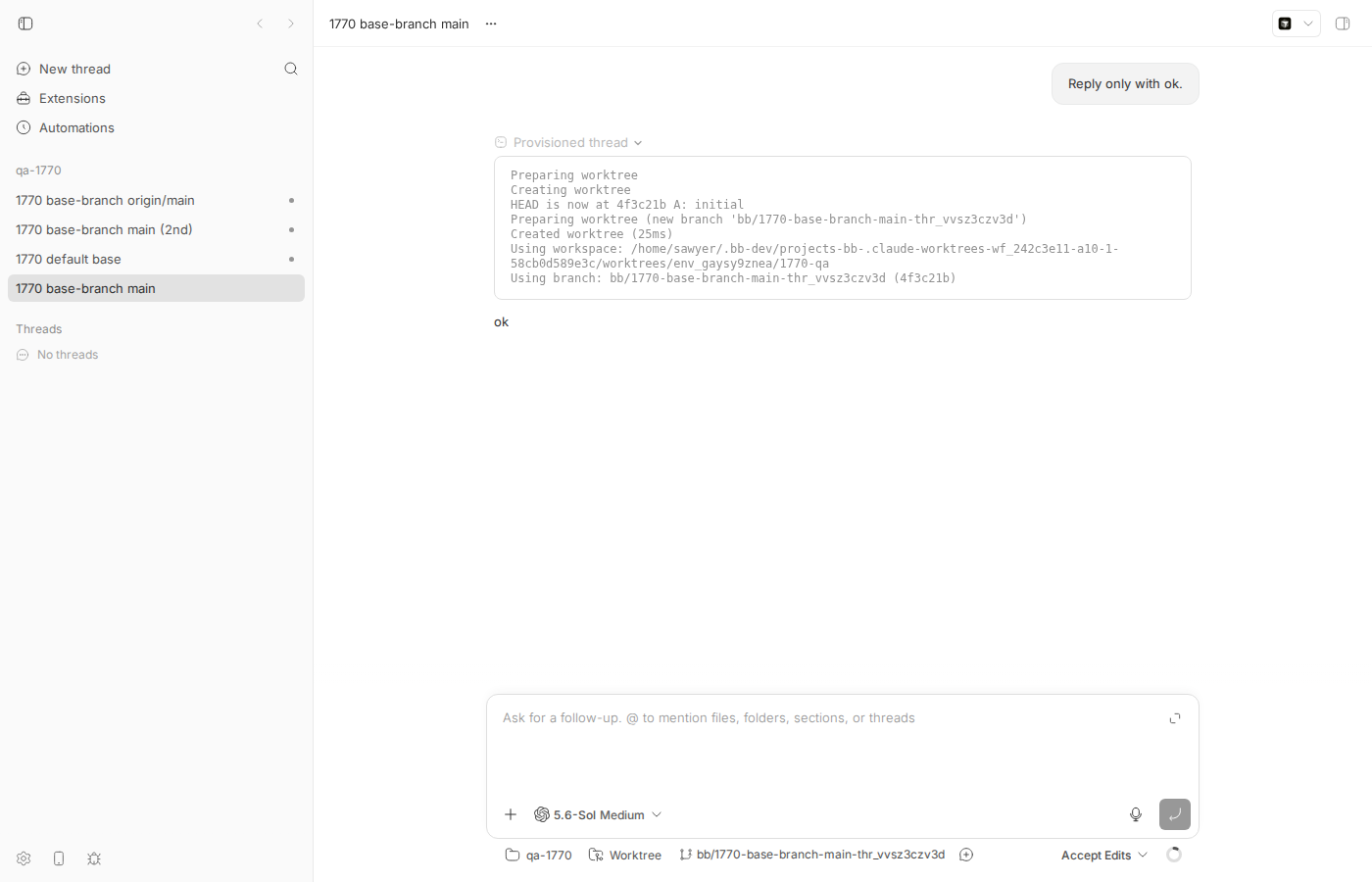 Thread spawned with --base-branch main: provisioning transcript with no fetch step and HEAD at 4f3c21b