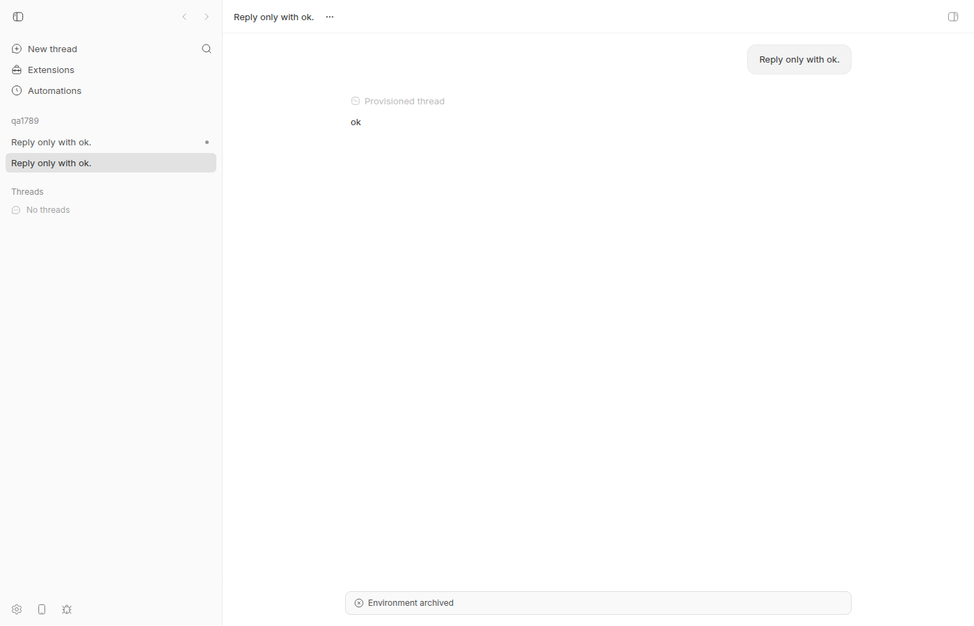 Web app view of thr_4ntcmbky7w after unarchive: transcript with one turn, composer replaced by an 'Environment archived' banner