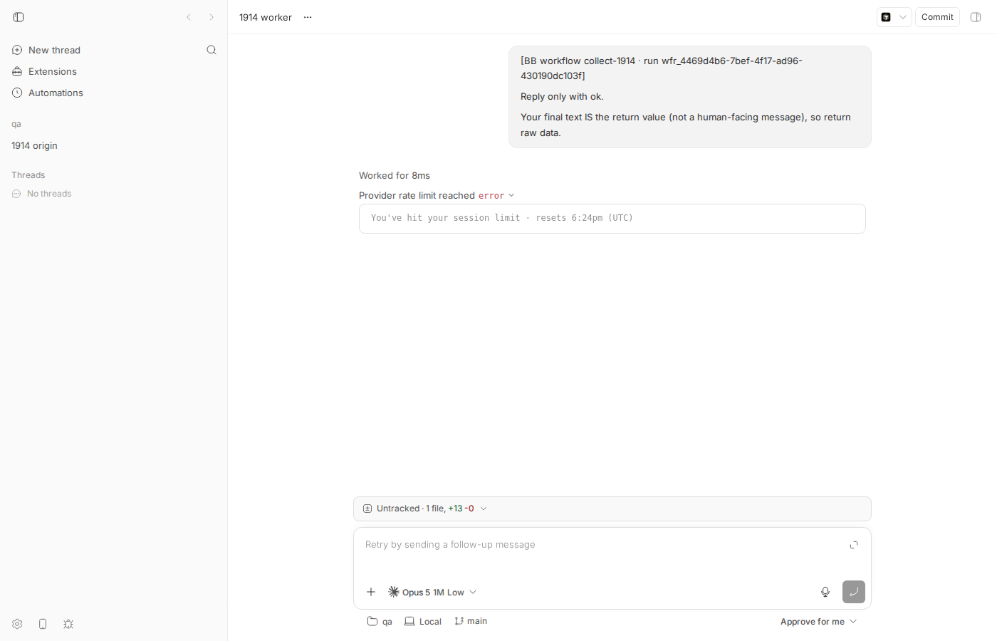 Hidden worker thread showing Provider rate limit reached / error and the session-limit text