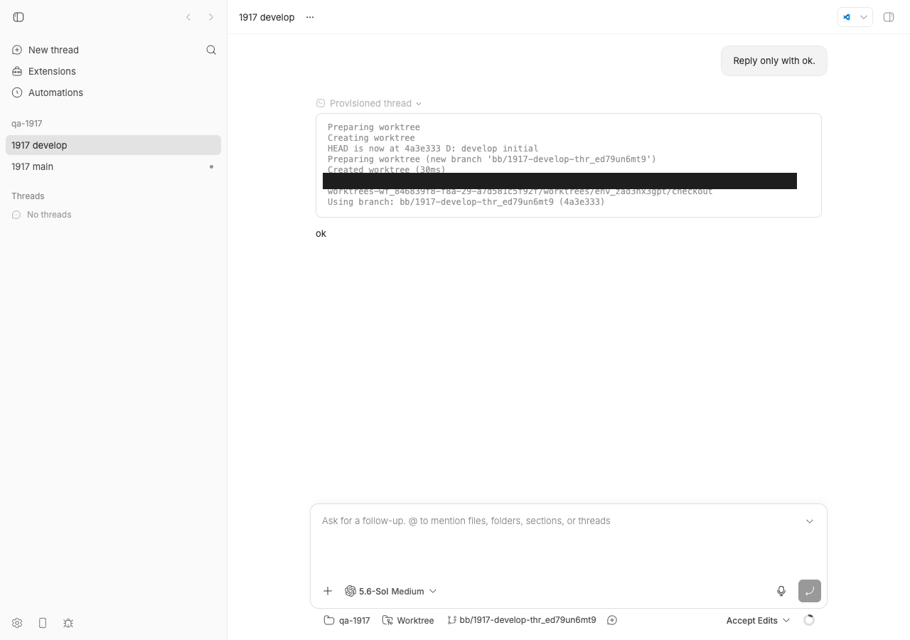 Thread page for --base-branch develop showing provisioning transcript without a fetch step and HEAD at 4a3e333