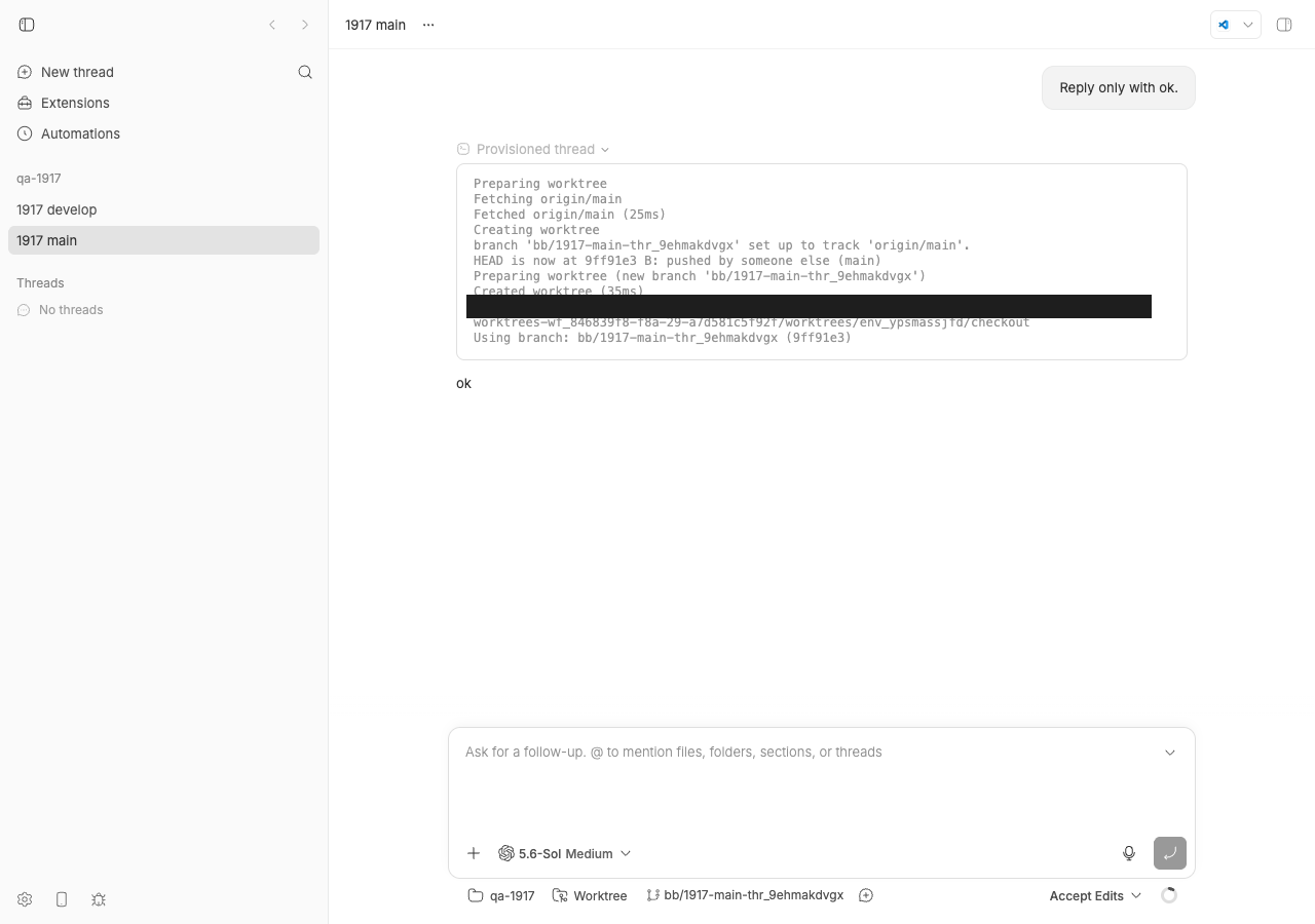 Thread page for --base-branch main showing Fetching origin/main and HEAD at 9ff91e3