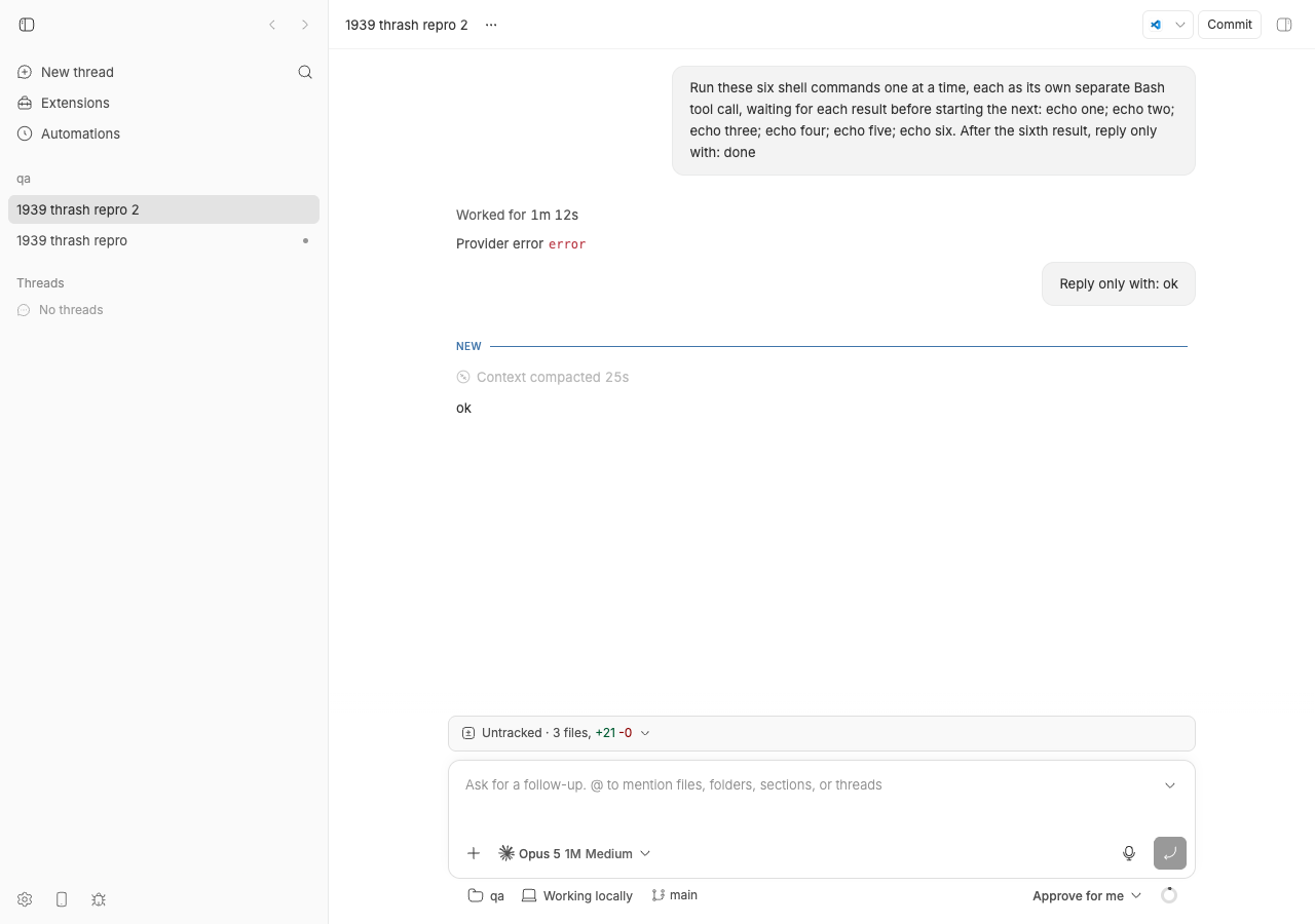 bb thread view after the follow-up: Context compacted banner and assistant reply ok