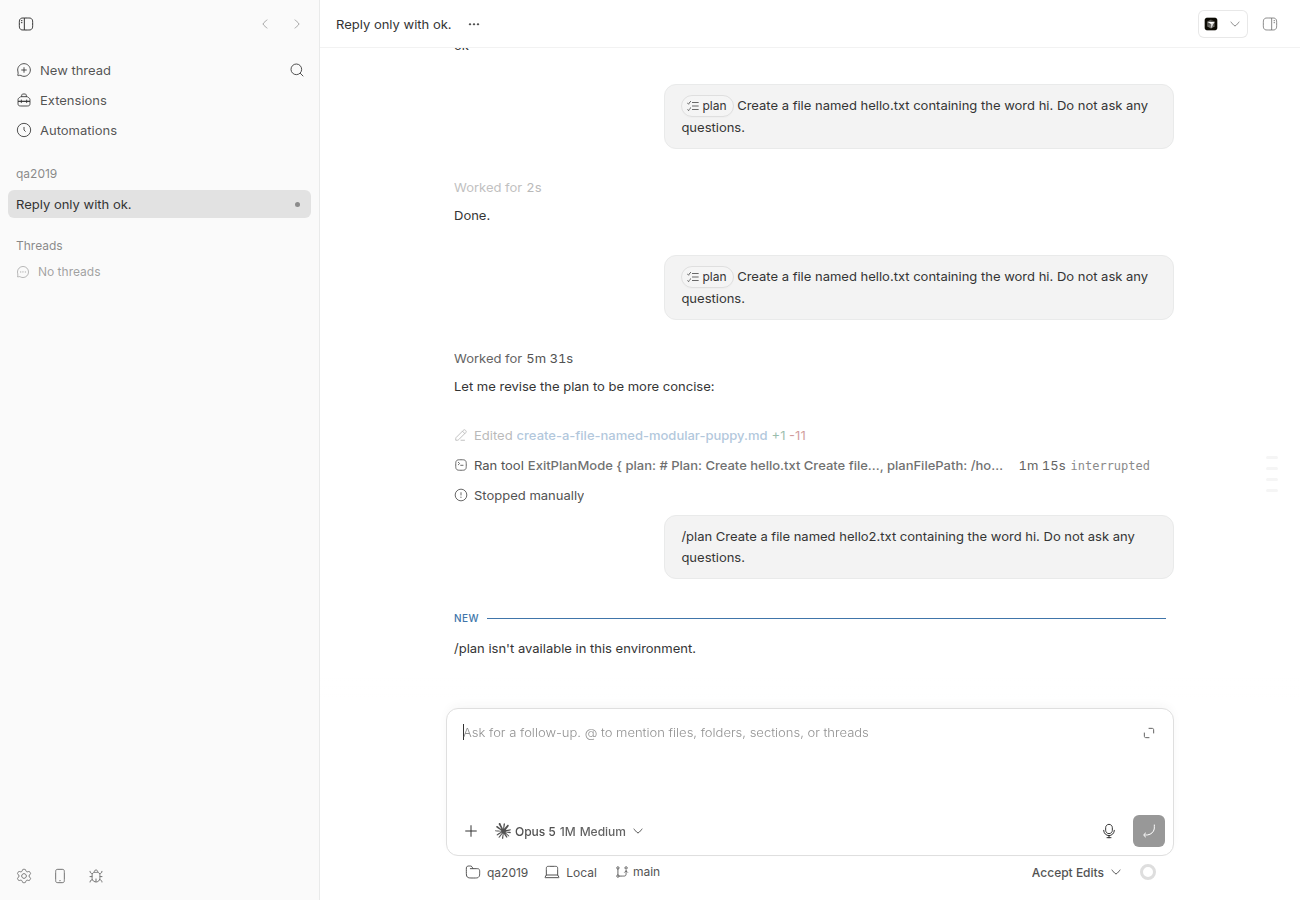 Thread view: plain-text /plan message (no pill) answered with '/plan isn't available in this environment.'
