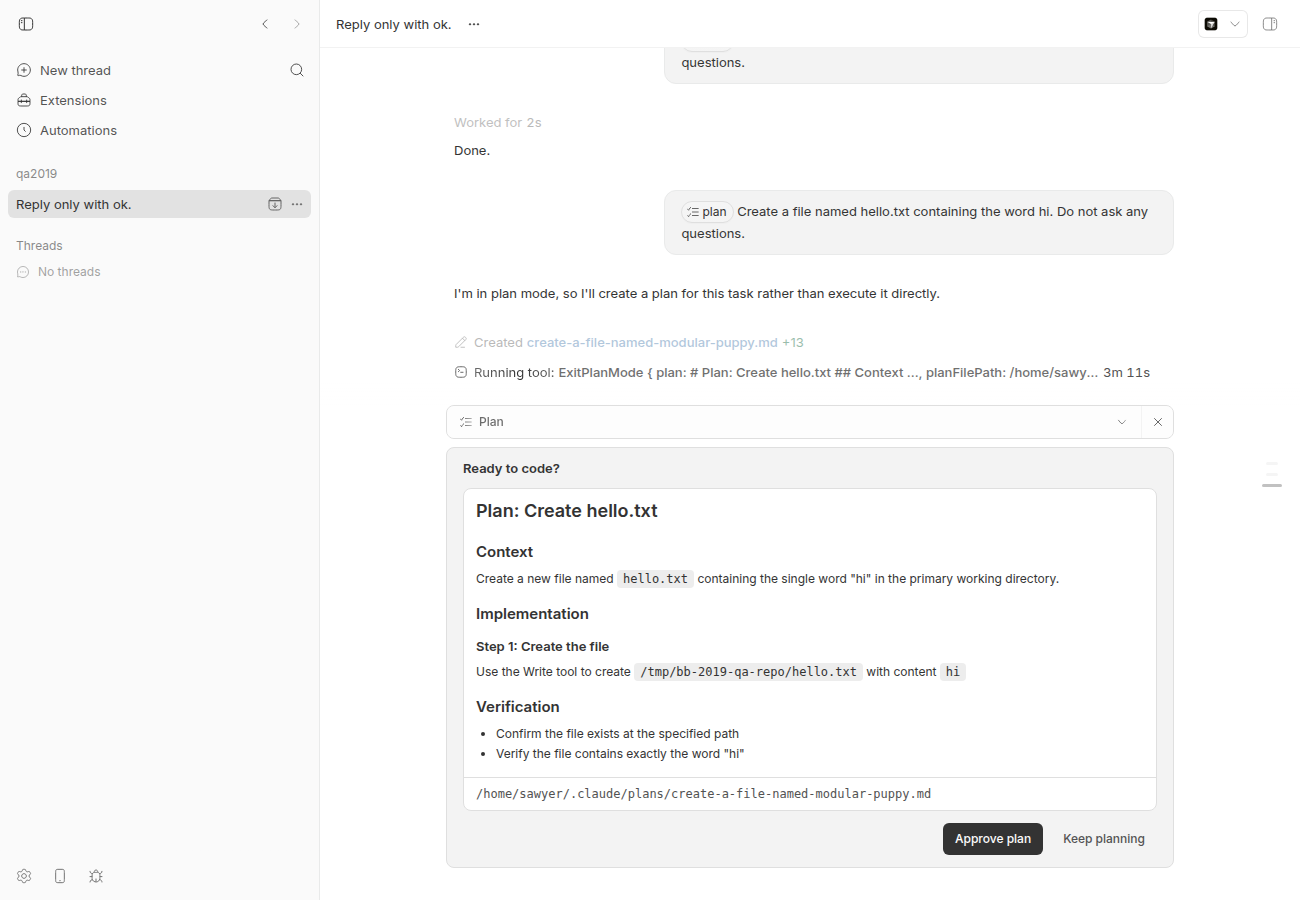 Thread view showing the 'Ready to code?' plan approval card