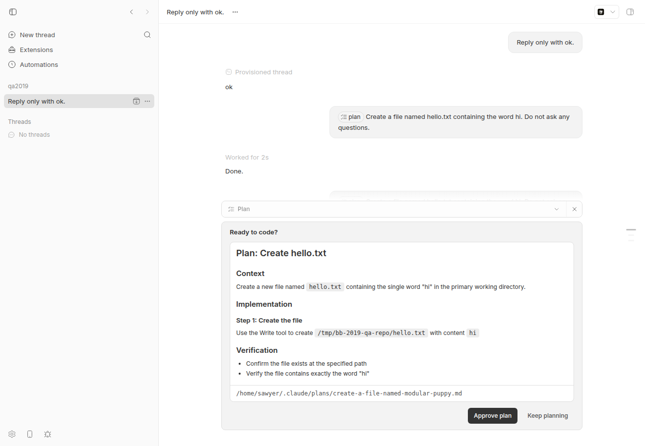 Thread view: the /plan pill message is followed by 'Worked for 2s / Done.' with no plan card