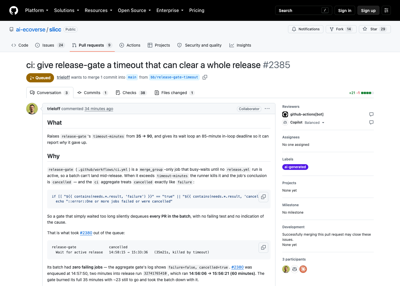 GitHub PR page for #2385 showing the ochre Queued badge
