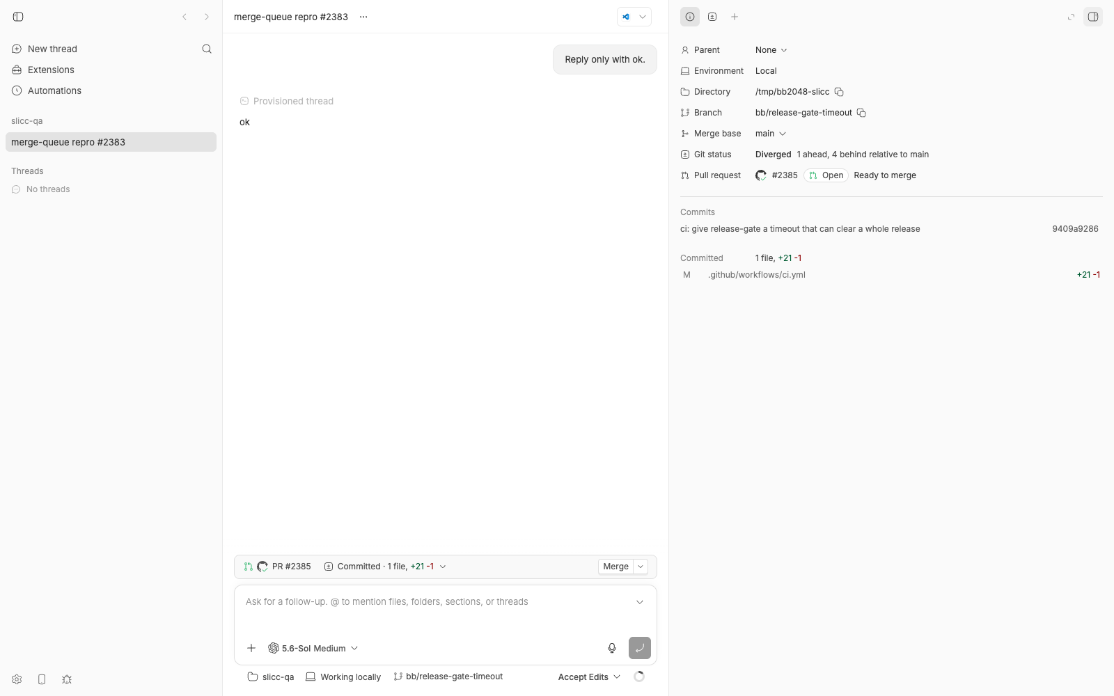 bb thread view with PR #2385 showing Ready to merge and a Merge split button