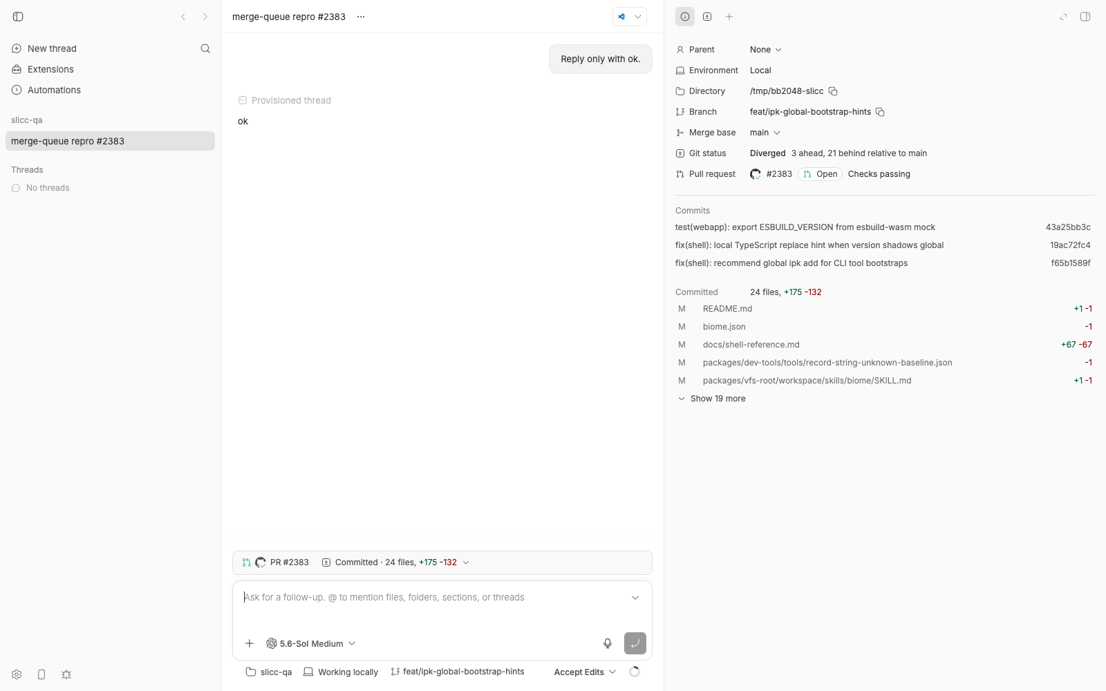 bb thread view with PR #2383 showing Open and Checks passing, no queue indicator