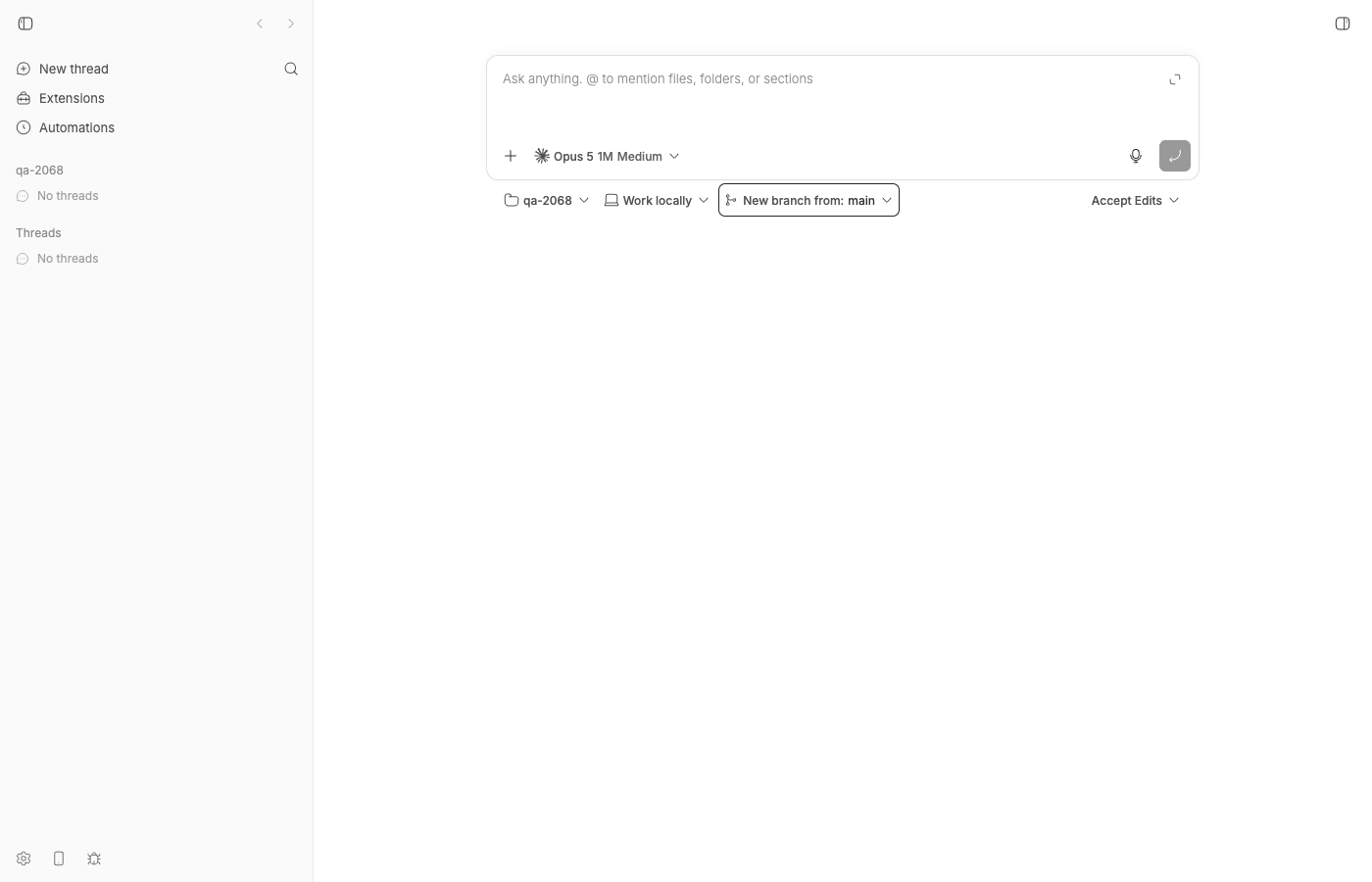 Compose view with No threads in the sidebar and branch picker set to New branch from: main