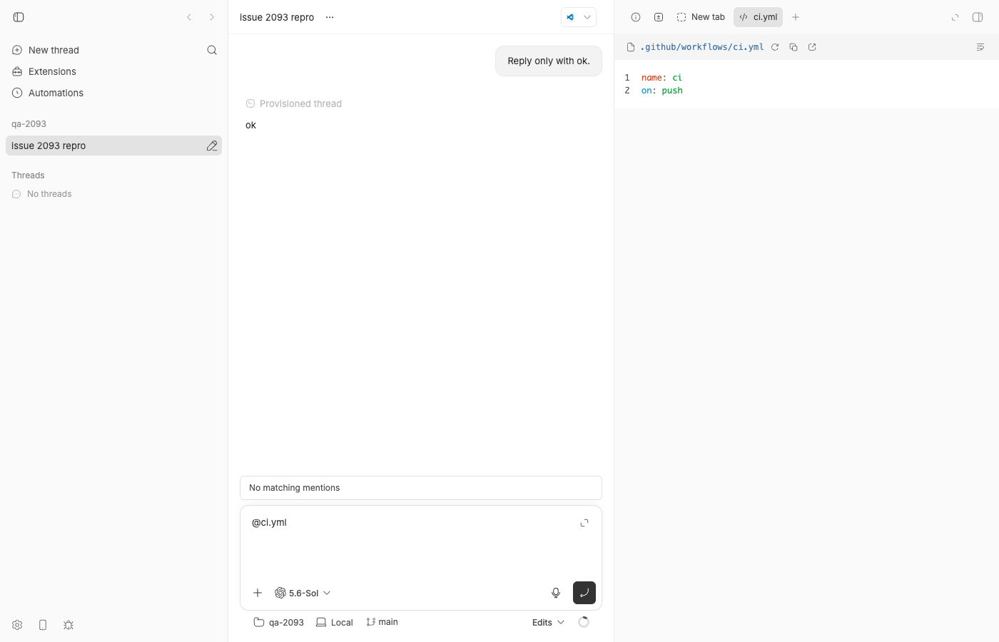 Composer @ mention for ci.yml shows No matching mentions