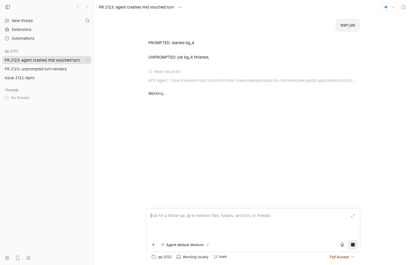 PR branch: agent crashed mid vouched turn, thread still Working… 2.5 minutes later