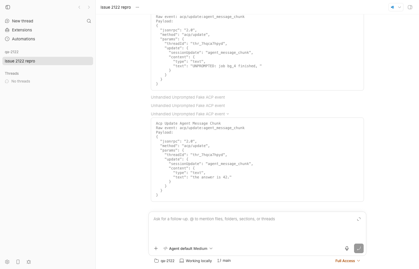 Expanded unhandled rows showing the raw agent_message_chunk payloads with the lost text