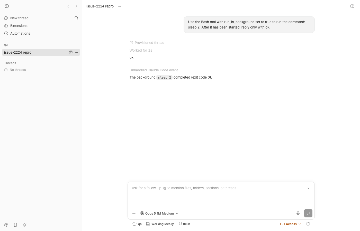 bb thread timeline showing an 'Unhandled Claude Code event' row between the agent's 'ok' reply and the background-task completion message