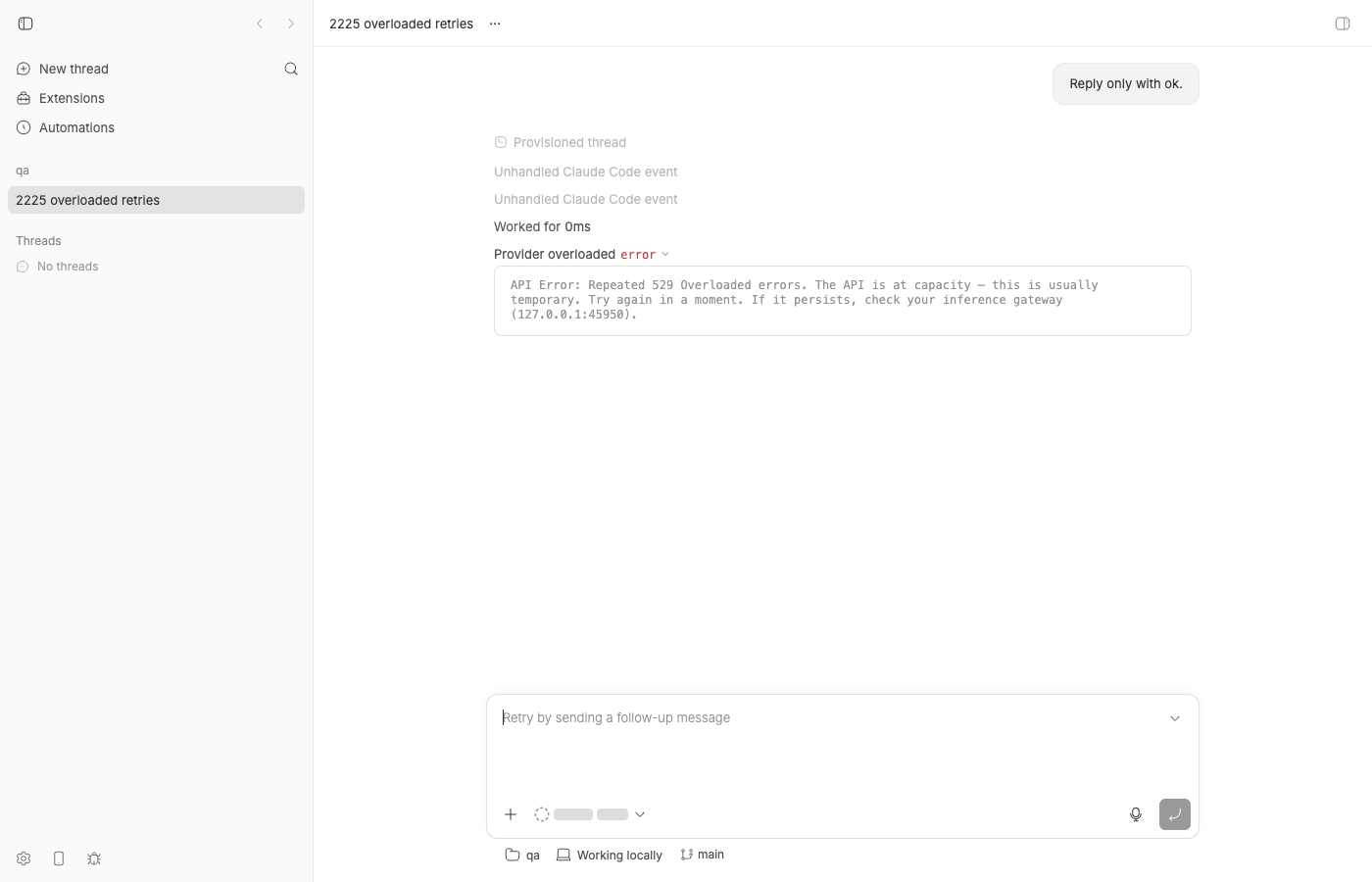 Thread page showing two 'Unhandled Claude Code event' rows followed by the terminal overloaded error
