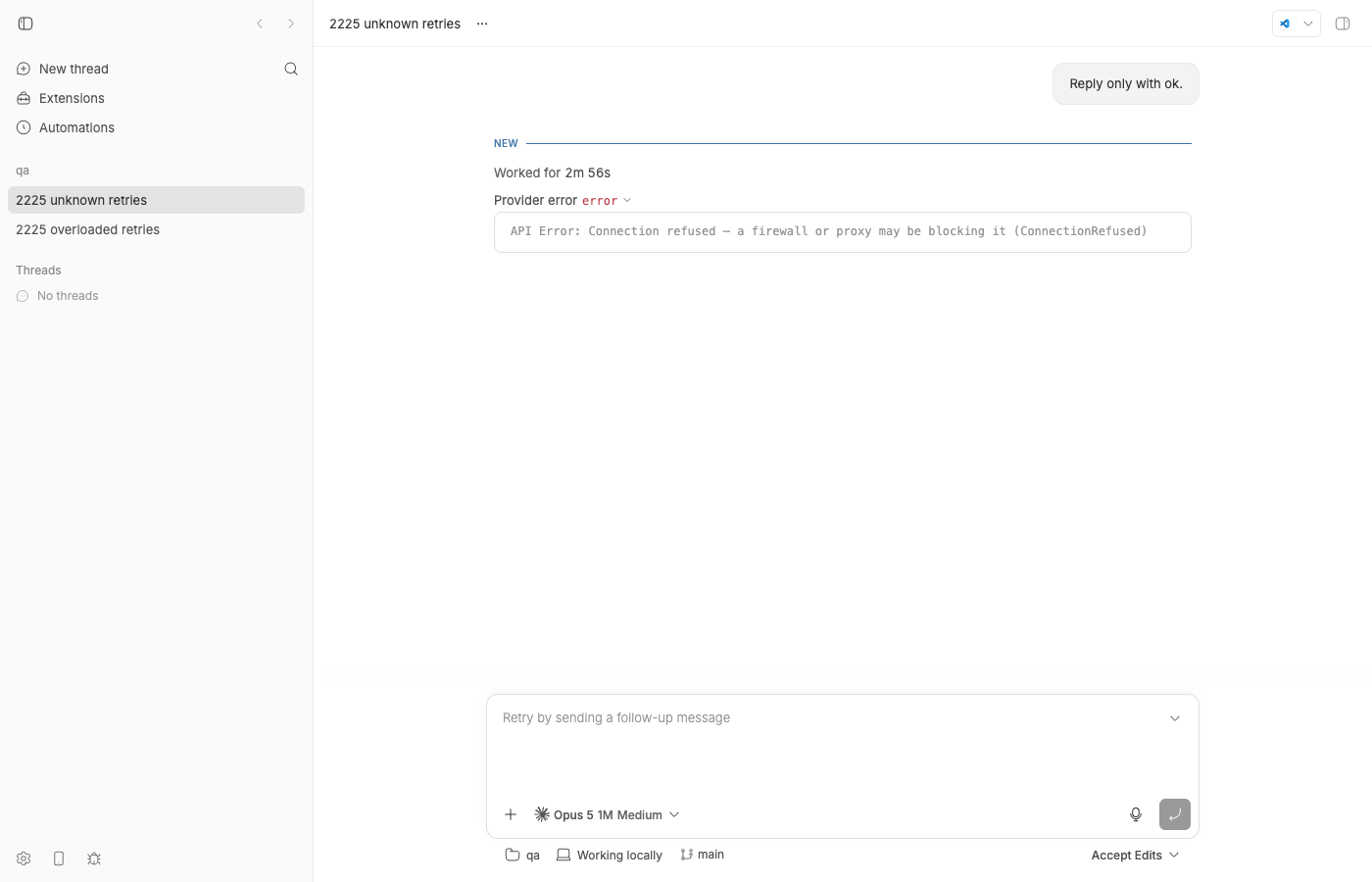 Thread page after the CLI gave up: 'Worked for 2m 56s' and a generic 'Provider error' box with the Connection refused text