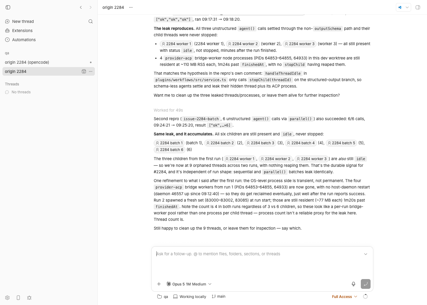 The origin thread in the dev app after runs 1 and 2, showing the two workflow completion notifications