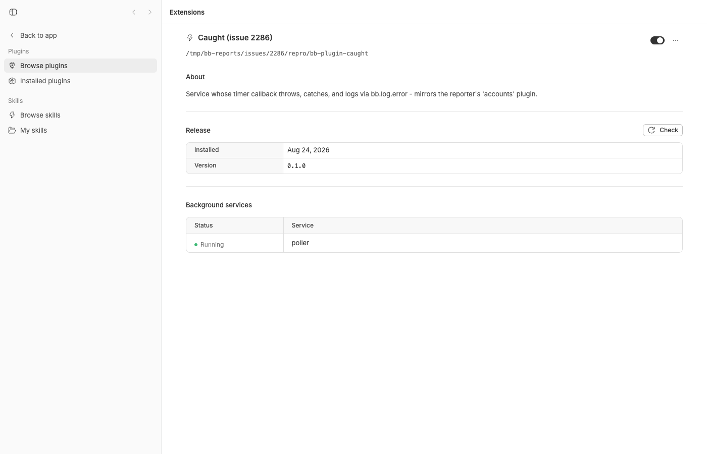 Caught plugin detail page showing Running