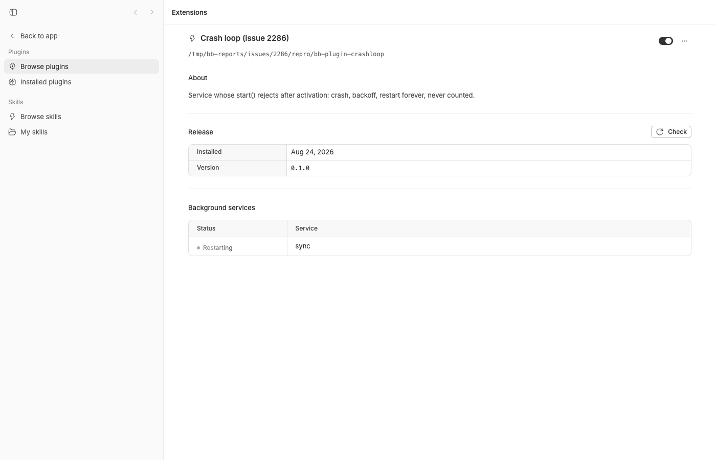 Crash loop plugin detail page showing status Restarting for service sync
