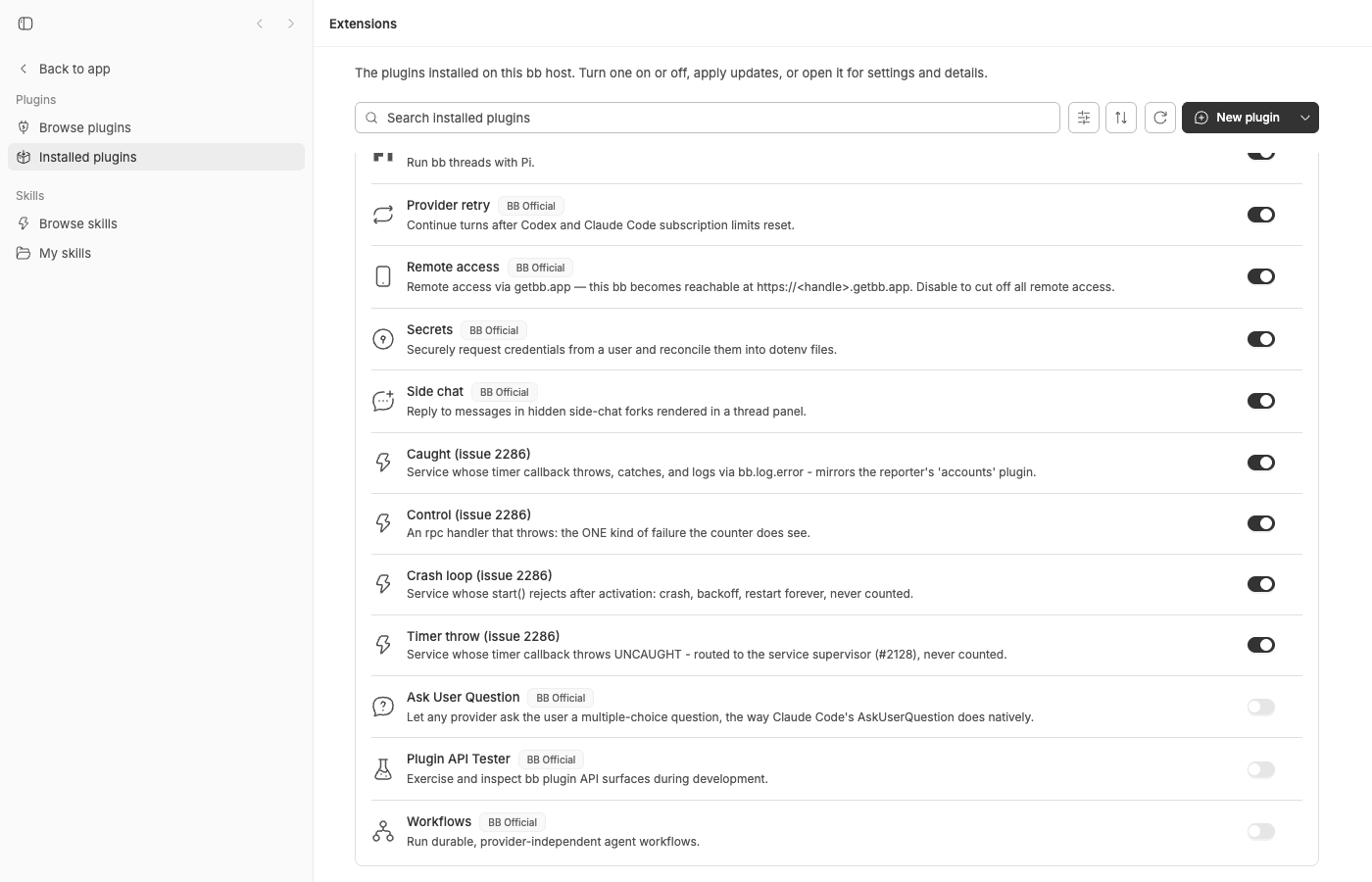 Installed plugins list showing the four fixtures with no health signal