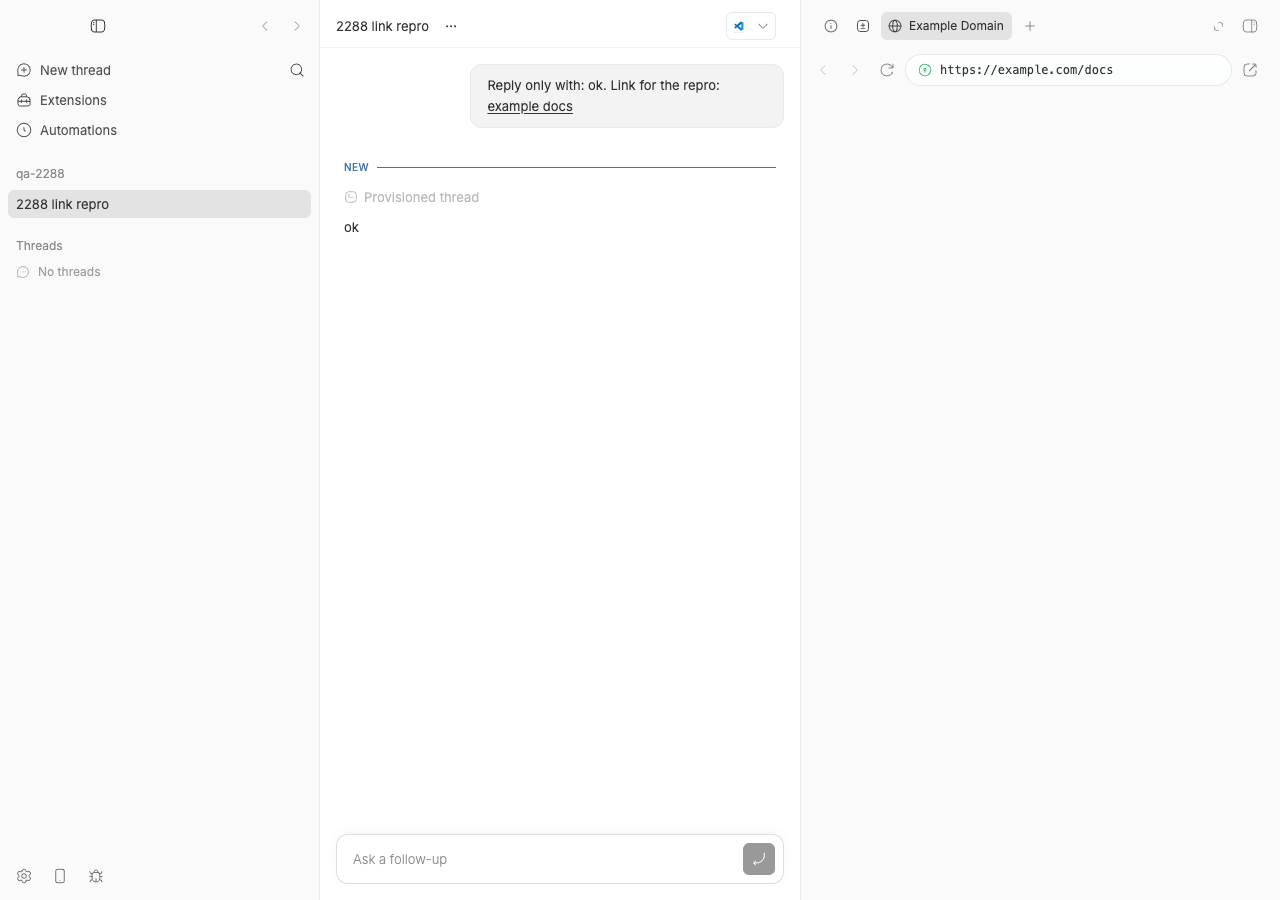 After Cmd+click: the in-app browser panel opened on the right with an 'Example Domain' tab and https://example.com/docs in the address bar
