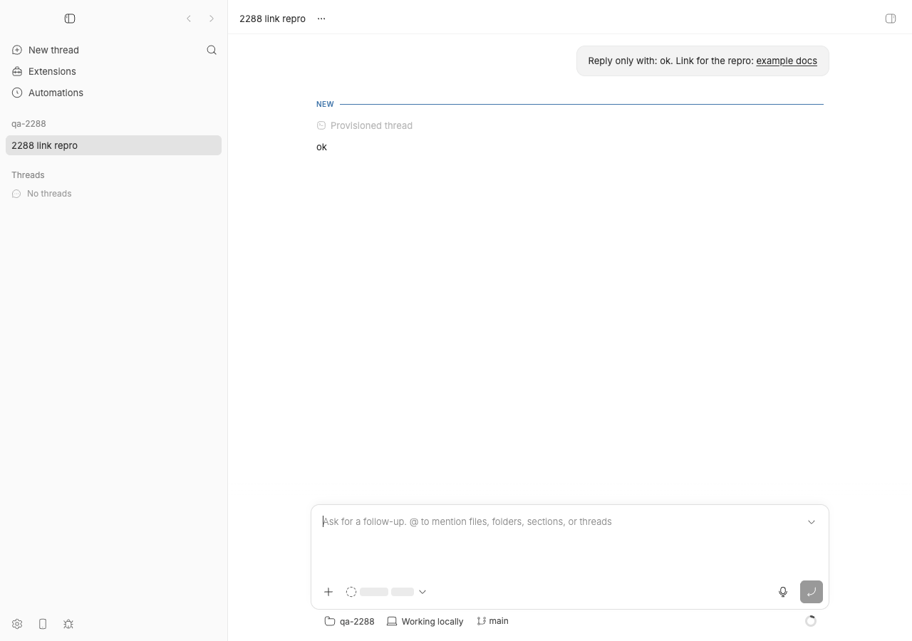 Thread view before the Cmd+click: user message with the 'example docs' link, no browser panel