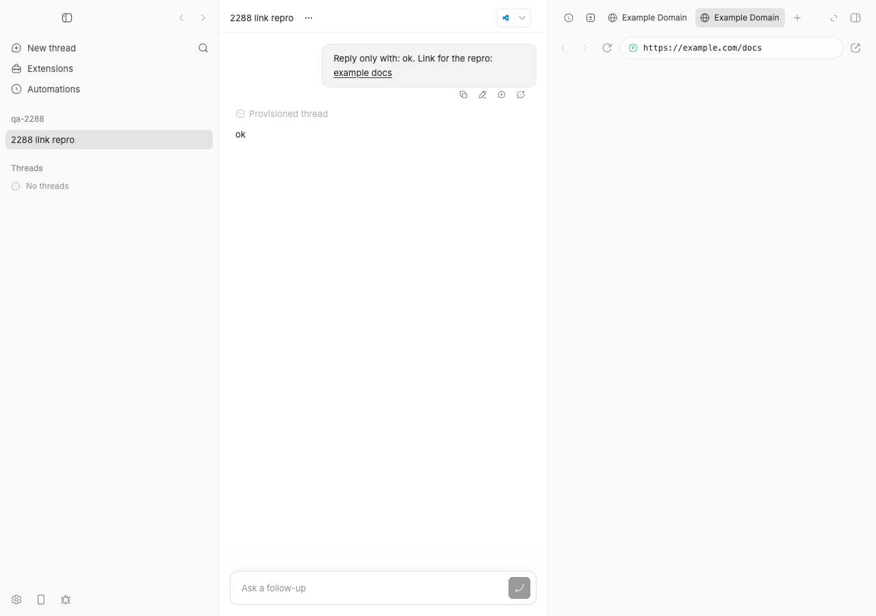 After Cmd+Shift+click: two 'Example Domain' tabs in the in-app browser