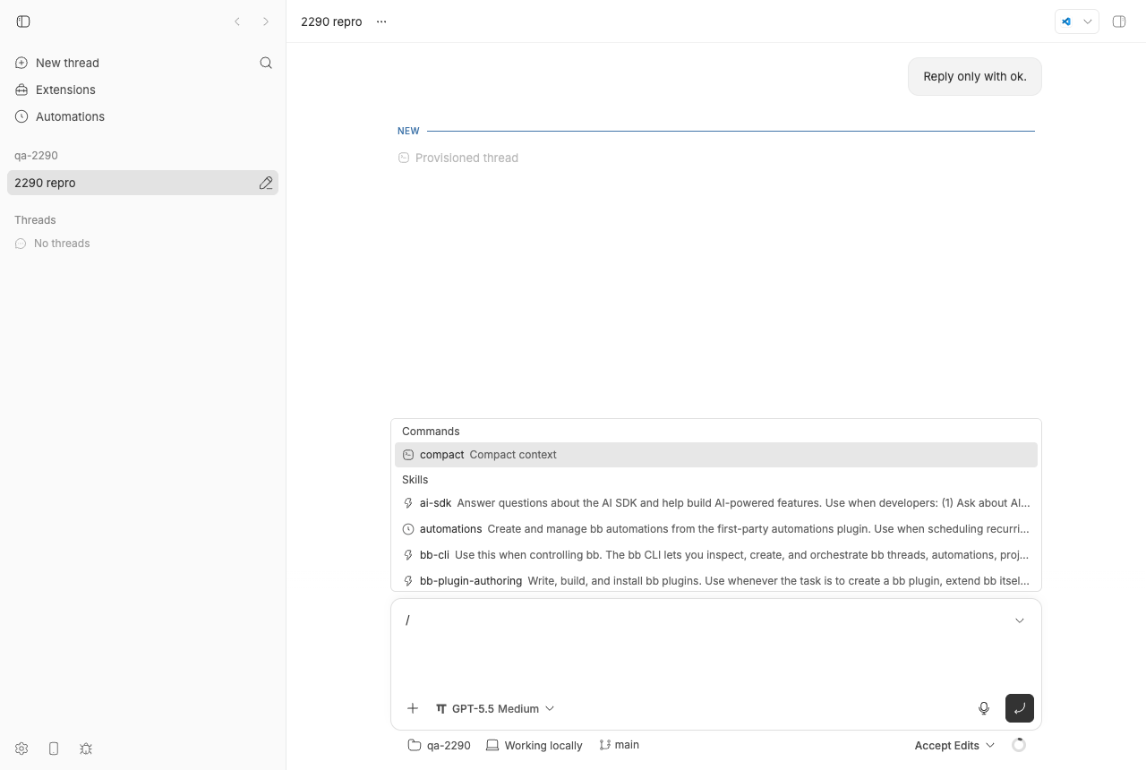 Composer slash menu on the omp thread with the fix: a Commands section with compact — Compact context